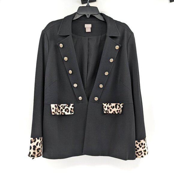 CHICOS Blazer Women's 3 (L)‎ Black Leopard Print Trim Buttons Collar Jacket - Picture 1 of 12